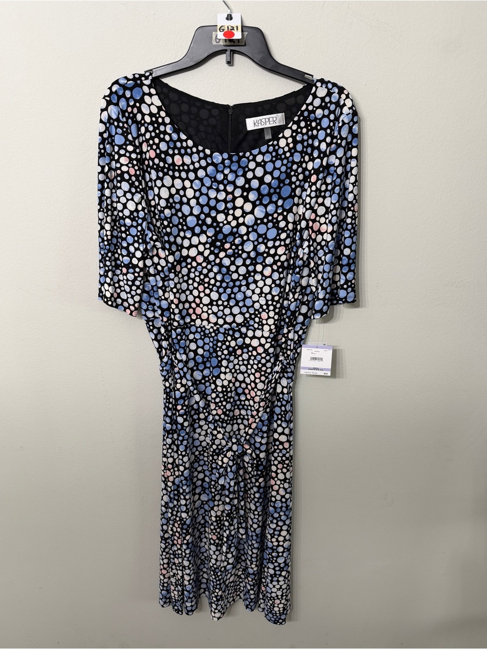 Kasper Black, Blue & White Polka Dot Ruched Midi Dress Size 18 NWT